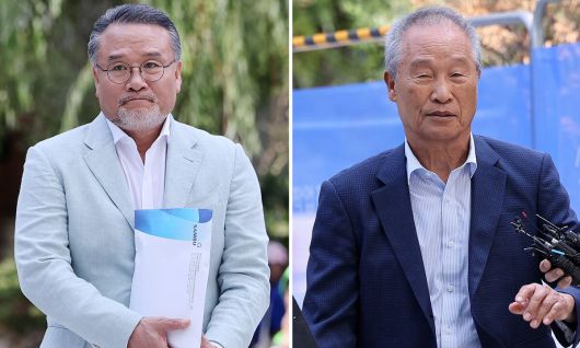 이일준 삼부토건 회장(왼쪽 사진)과 조성옥 전 삼부토건 회장이 10일 윤석열 전 대통령의 부인 김건희씨 관련 의혹을 수사하는 김건희 특별검사팀의 조사를 받기 위해 서울 종로구에 있는 특검팀 사무실로 출석하고 있다. 뉴스1