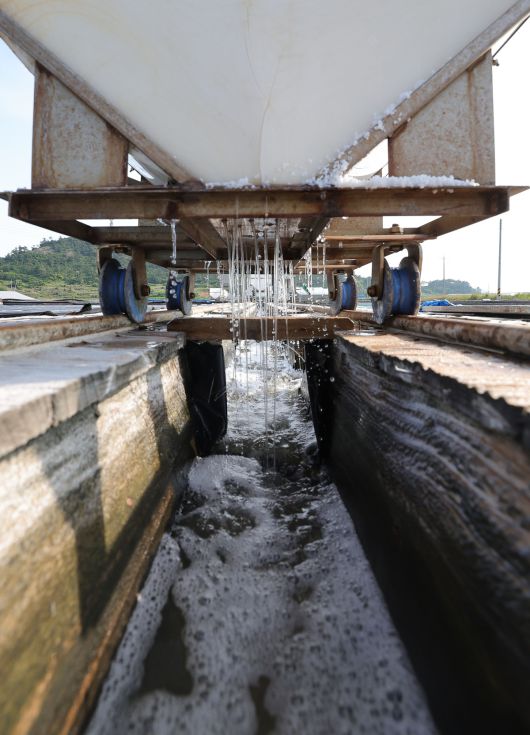 소금열차 밑으로 간수(소금물)가 빠지고 있다.