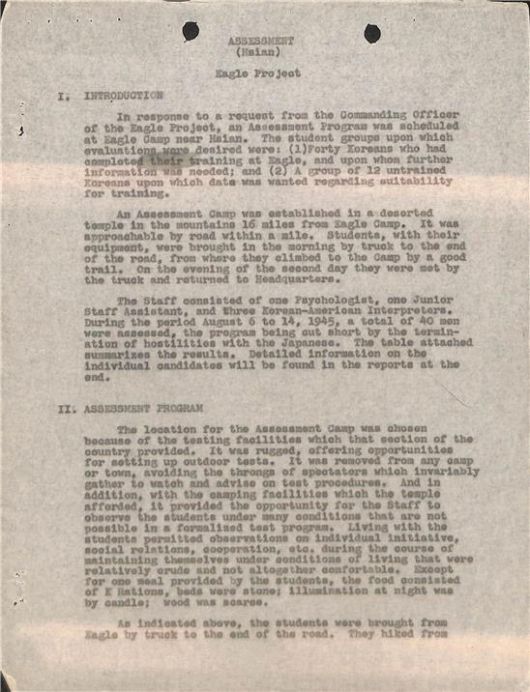 독수리 작전으로 훈련을 받은 한국인 훈련병에 대한 평가 계획. 국사편찬위원회 제공