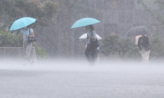 17일 서울 서초구 서초동 일대에서 우산을 쓴 시민들이 폭우에 발걸음을 옮기고 있다. 뉴스1