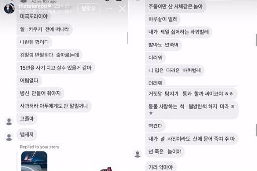 브라이언이 받은 악성 메시지. 브라이언 인스타그램