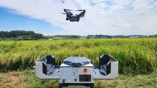 논두렁에 설치한 드론 스테이션 스스로 이륙해 입력한 궤도에 따라 참새떼 쫓기에 나서는 드론.