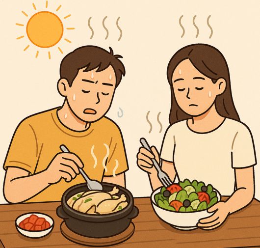 복날 보양식으로 삼계탕 등 뜨거운 국물 요리를 찾는 사람부터 가볍게 즐길 수 있는 샐러드를 찾는 젊은이들도 늘고 있다. 챗GPT 이미지