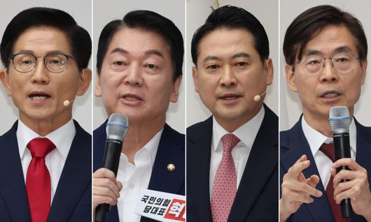 국민의힘 전대 본선 진출한 김문수(왼쪽부터)·안철수·장동혁·조경태 의원. 연합뉴스