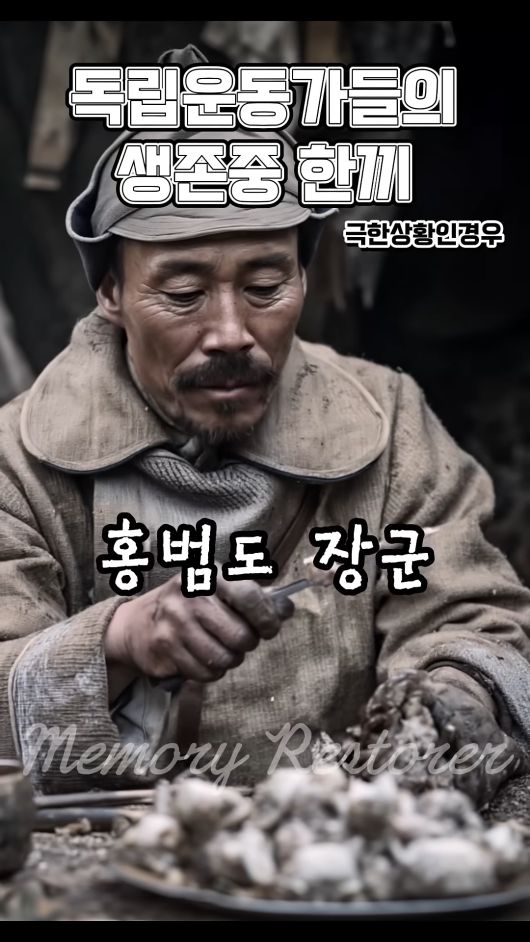 독립운동가의 한끼 쇼츠 영상 중 하나. 홍범도 장군이 칼로 식사하고 있다. ‘Ai 기억복원소’ 유튜브 캡처