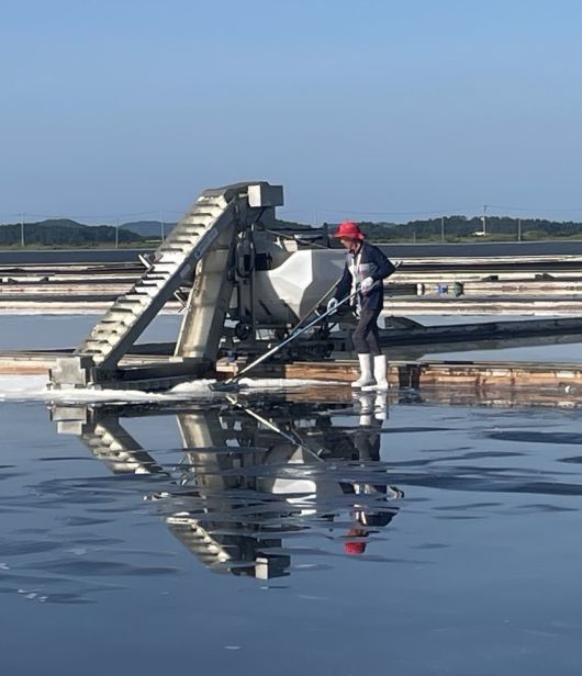 자동 채염기가 채집한 소금을 수레에 담고 있다.
