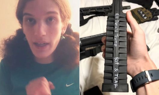 총격 용의자인 로빈 웨스트먼의 과거 유튜브 영상 속 모습. 오쪽은 웨스트먼이 범행 직전 유튜브에 올린 탄창으로 ‘도널드 트럼프를 죽여라’는 글이 적혀 있다. 로이터연합뉴스