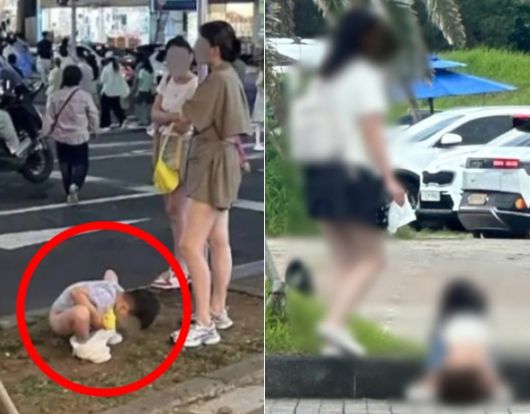 지난해 제주 도심 한복판 노상에서 중국인 관광객으로 추정되는 아이가 용변을 보고, 이를 그대로 놔둔 부모들의 모습. 온라인 커뮤니티 캡처