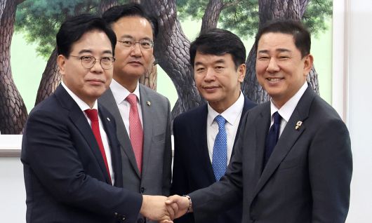 송언석(왼쪽) 국민의힘 원내대표와 김병기 더불어민주당 원내대표가 지난 10일 서울 여의도 국회에서 악수를 하고 있다. 왼쪽부터 국민의힘 송 원내대표와 유상범 원내운영수석부대표, 더불어민주당 문진석 원내운영수석부대표와 김 원내대표. 뉴시스