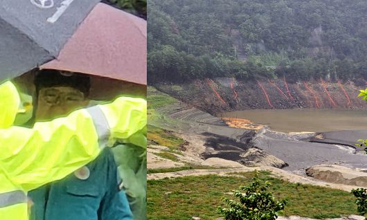 (왼쪽) 13일 오전 강릉 오봉저수시를 찾은 국민의힘 권성동 국회의원. 단비가 내린 가운데 물안개가 자욱한 오봉저수지 모습. 김경호 기자