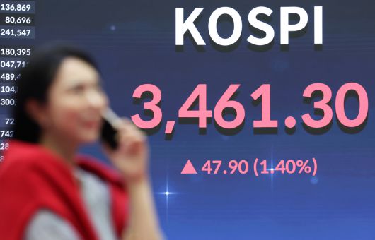 코스피가 미국의 올해 첫 기준금리 인하에 힘입어 사상 최고치를 경신한 18일 오후 서울 여의도 한국거래소 전광판에 코스피 종가 지수가 전일 대비 47.9p(1.40%) 상승한 3461.30을 나타내고 있다. 뉴스1