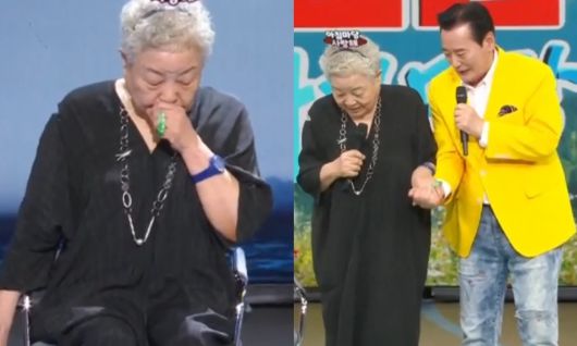 배우 강부자(왼쪽), 김성환의 부축을 받고 무대에 오르는 강부자 모습. KBS1 ‘아침마당’ 방송 화면 캡처