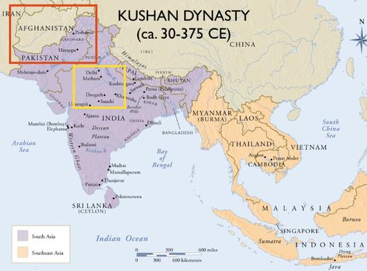 고대 간다라 지역(빨강 네모 안)과 마투라 지역(노랑 네모 안)의 위치. 출처=www.sutori.com