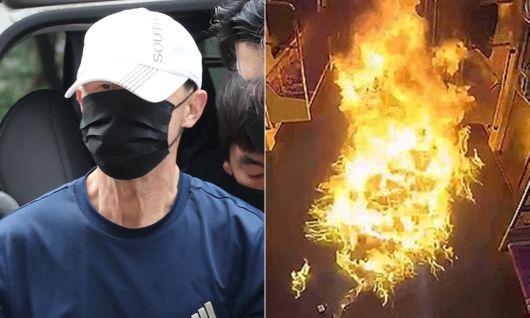 서울 지하철 5호선 열차 안에 불을 지른 60대 남성이 지난 6월 영장실질심사를 위해 서울남부지법에 출석하고 있다. 오른쪽은 방화 현장 모습. 연합뉴스·서울남부지검 제공