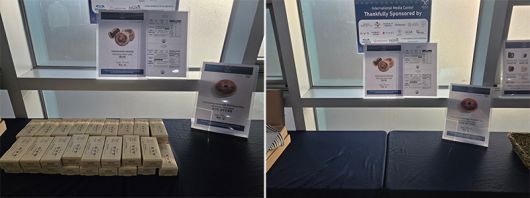 1일 경북 경주 APEC 국제미디어센터(IMC) 내부에 마련돼 있는 황남빵(왼쪽). 오른쪽 사진은 5분만에 황남빵이 동나 텅 빈 진열대 모습이다. 전날 시진핑 중국 국가주석이 황남빵을 두고 “맛있게 먹었다”고 언급하면서 행사장 내부에 마련된 물량도 금방 소진됐다.  변세현 기자