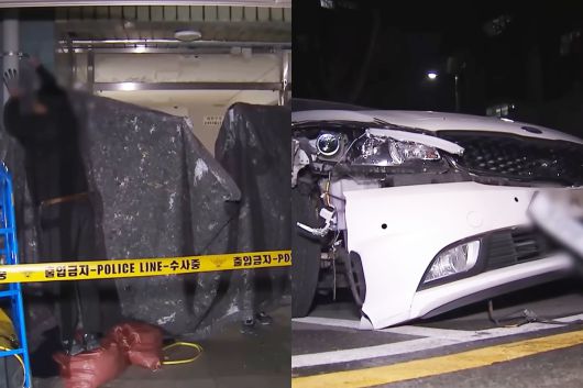 지난 4일 천안시 서북구 쌍용동의 한 아파트 관리사무소 입구 유리문이 산산조각 난 모습. 오른쪽은 이웃을 흉기 살해한 40대 남성이 운전한 차량. MBC 보도화면 캡처