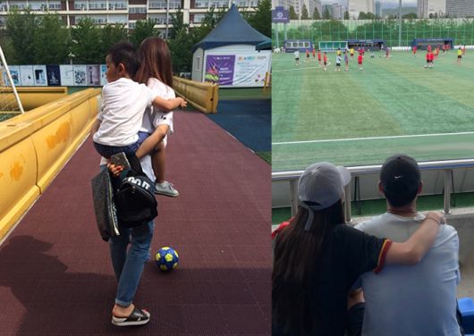 왼쪽 슛돌이 6기 시절 5살의 태하와 김성은 모습(박지윤 블로그), 오른쪽 현재의 태하와 김성은 모습(김성은 인스타그램)