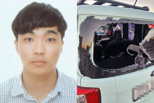 장형준 머그샷. 오른쪽은 지난해 7월28일 울산의 한 병원 주차장에서 장형준이 도주를 시도하려 탑승한 차량 유리가 시민들에 의해 깨져 있는 모습. 울산지검 제공·연합뉴스