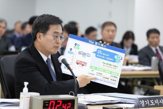 김동연 경기지사가 2023년 10월 국토교통부 국정감사에서 김건희씨 일가와 관련한 양평고속도로 의혹의 해소를 요구하고 있다. 연합뉴스