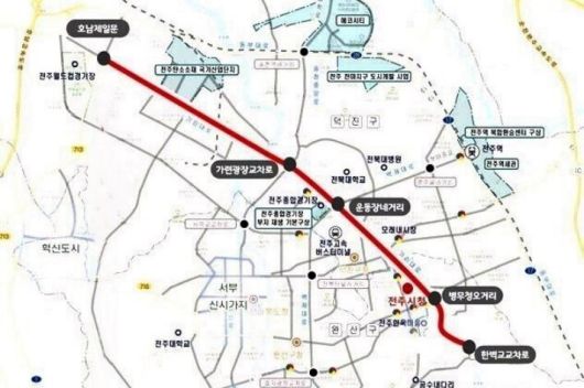 전주시가 기린대로에 계획한 간선급행버스체계(BRT) 구축 사업 노선도.   전주시 제공