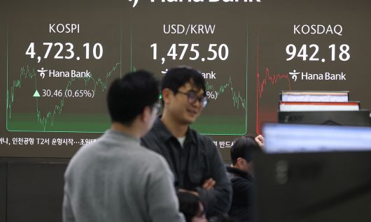 코스피가 14일 사상 처음으로 4,700선을 돌파해 장을 마친 14일 서울 중구 하나은행 딜링룸 현황판에 코스피지수가 표시돼 있다. 이날 코스피는 전장보다 30.46포인트(0.65%) 오른 4,723.10에, 코스닥 지수는 전장보다 6.80포인트(0.72%) 떨어진 942.18에 장을 끝냈다. 연합뉴스
