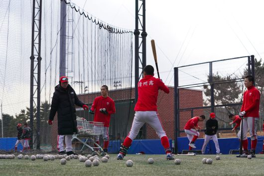 청주고 야구부 선수들이 울진 야구장에서 수비와 타격 훈련을 반복하며 실전 감각을 끌어올리고 있다.