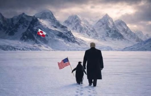 백악관이 23일 SNS에 올린 AI 합성 사진. 트럼프가 성조기를 든 펭귄과 함께 북극 그린란드의 설원 위를 걷고 있다. SNS 캡처