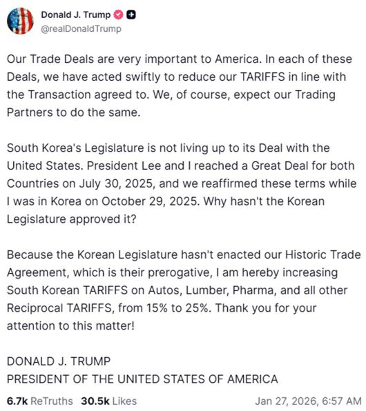 트럼프 대통령이 “한국산 제품에 대한 관세를 무역합의 이전 수준으로 인상하겠다”며 사회관계망서비스(SNS) 트루스소셜에 올린 글. 트루스소셜 캡처
