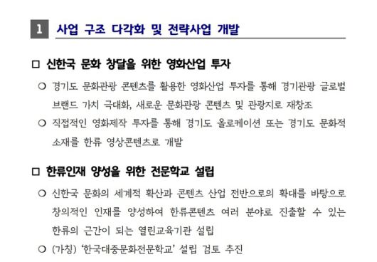 경기관광공사의 2019년 업무보고에 담긴 영화투자 계획. 업무보고서 캡처