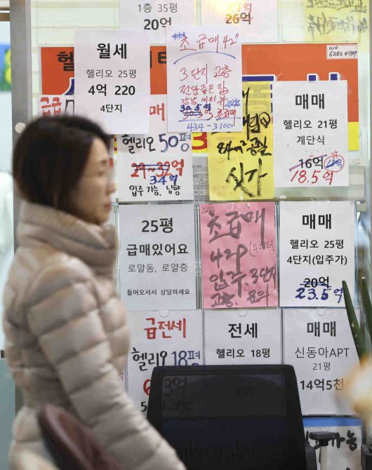 서울 송파구의 한 부동산 앞에 아파트 시세 안내문이 붙어 있다. 뉴시스