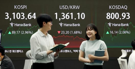 코스피 3년 9개월 만에 장중 3,100선 회복한 24일 서울 중구 하나은행 딜링룸에서 딜러들이 업무를 보고 있다. 코스피는 전 거래일(3014.47)보다 89.17포인트(2.96%) 오른 3103.64에, 코스닥 지수는 전 거래일(784.79)보다 16.14포인트(2.06%) 상승한 800.93에 거래를 종료했다. 뉴시스