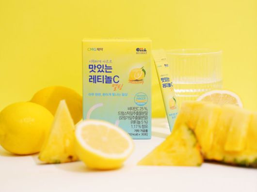 입에서 시원하게 녹는 쿨멜팅 분말 제형의 ‘맛있는 레티놀C 멜팅’ 제품 이미지. CMG제약 제공