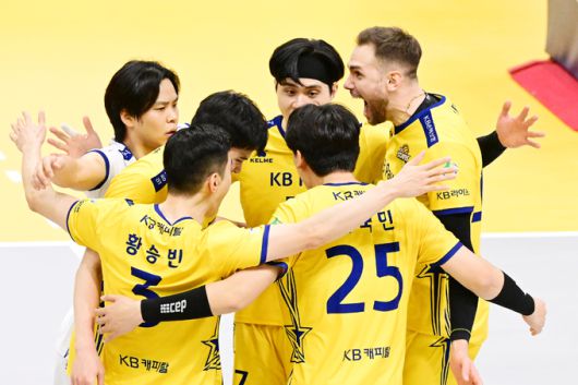 KB손해보험 선수단이 득점 후 기뻐하고 있다. 사진=KOVO 제공