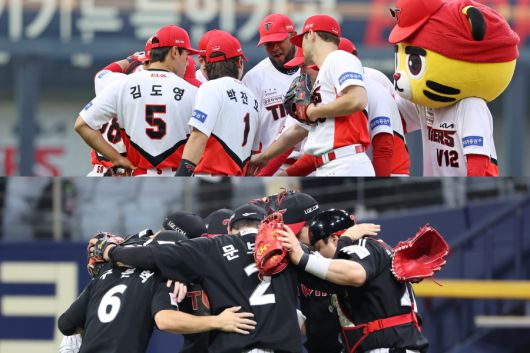 승리를 다짐하고 있는 KIA 선수단(위)과 승리를 자축하고 있는 LG 선수단. 사진=KIA타이거즈, LG트윈스 제공