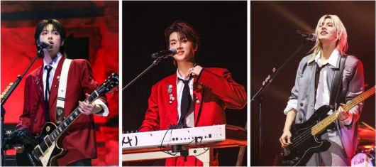 밴드 엑스디너리 히어로즈가 5일 서울 송파구 올림픽공원 올림픽홀에서 새 월드투어 '뷰티풀 마인드'의 첫 도시인 서울 공연을 열었다. 멤버 가온, 정수, 주연(왼쪽부터). JYP엔터테인먼트 제공.