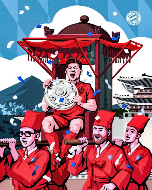 우승 트로피 들고 꽃가마 탄 김민재. 사진=뮌헨 구단 SNS 캡처