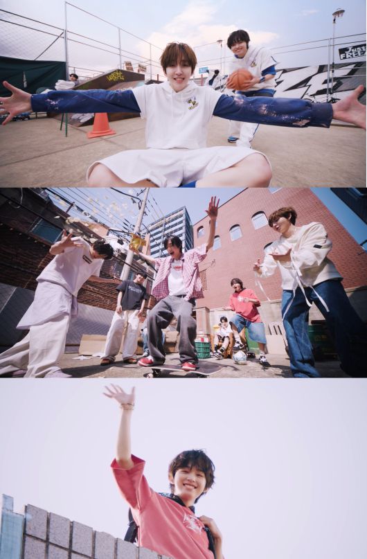 26일 컴백한 그룹 킥플립의 새 앨범 '킥 아웃, 필립 나우!(Kick Out, Flip Now!)’의 타이틀곡 '프리즈(Freeze)' MV 캡처. JYP엔터테인먼트 제공.