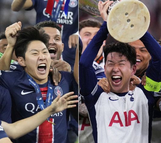 이강인(왼쪽)과 손흥민이 각각 유럽축구연맹 챔피언스리그와 유로파리그에서 우승컵을 들어올리며 환호하고 있다. AP/뉴시스