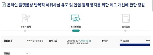 지난달 22일 오후 국회 국민동의청원에 올라온 ‘온라인 플랫폼상 반복적 허위사실 유포 및 인권 침해 방지를 위한 제도 개선’에 대한 청원이 3일 오후 5만명을 돌파했다. 사진은 3일 오후 5시30분 기준 화면 캡쳐.