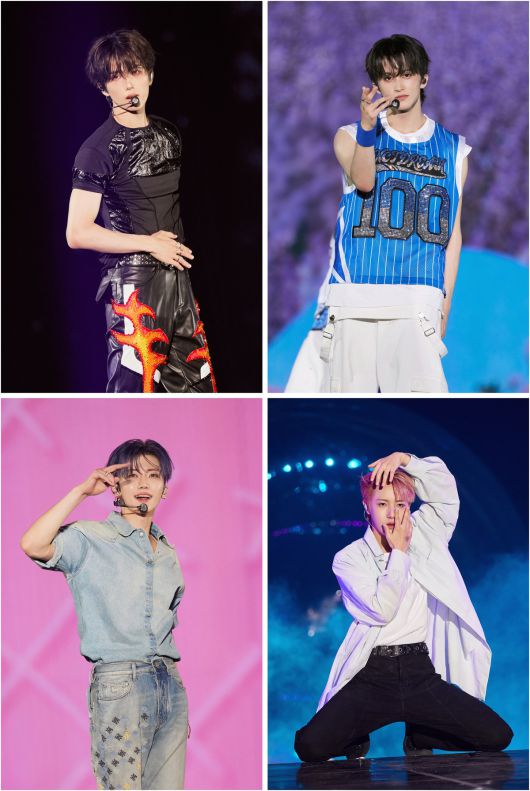 그룹 엔시티 드림이 12일 서울 고척스카이돔에서 '더 드림 쇼 4: 드림 더 퓨처(THE DREAM SHOW 4: DREAM THE FUTURE)'를 개최했다. 무대에 오른 지성, 마크, 런쥔, 재민(왼쪽부터 시계방향). SM엔터테인먼트 제공