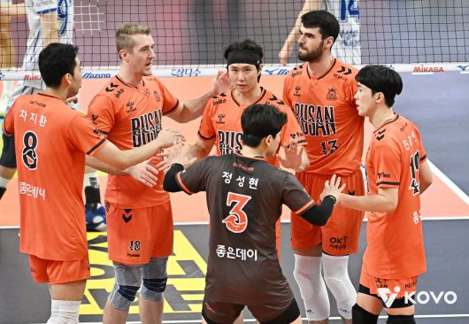 OK저축은행 선수단이 득점을 올리고 기뻐하고 있다. 사진=KOVO 제공