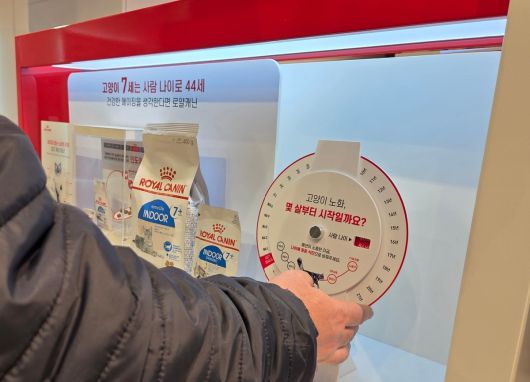 로얄캐닌 브랜드숍 방문객이 고양이의 사람 나이 알림 판넬을 통해 반려묘의 나이를 알아 보고 있다. 박재림 기자