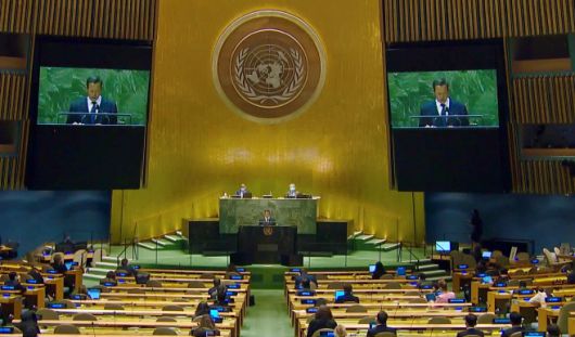 김성 유엔주재 북한대사가 27일(현지시간) 미국 뉴욕 유엔본부에서 제76차 유엔총회 일반토의 연설을 하고 있다./사진=유엔 웹TV 캡처