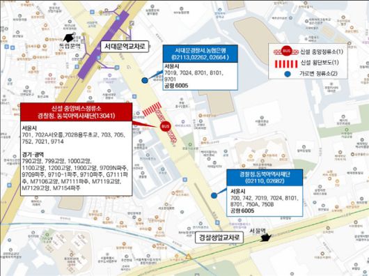 통일로  신설 중앙버스정류소·가로변 정류소 정차노선/서울시