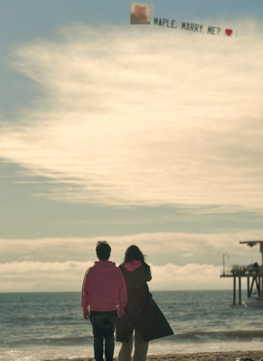 미 LA 산타모니카 해변에 서서 팡리선의 프로포즈 프래카드를 보고 있는 메이플 입. 둘은 14일 결혼했다./홍콩 싱다오르바오(星島日報).