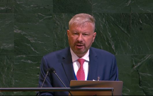 그레그 스칼라튜 미국 북한인권위원회(HRNK) 대표가 20일(현지시간) 미국 뉴욕 유엔본부 총회 회의장에서 북한 인권침해 관련 연설을 하고 있다./유엔 동영상 캡처