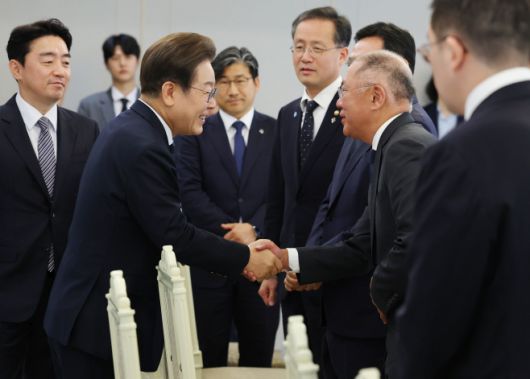 이재명 대통령이 13일 서울 용산 대통령실에서 열린 6경제단체·기업인 간담회에서 정의선 현대차 회장과 악수하고 있다. /연합뉴스