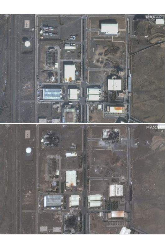 2025년 1월 24일(현지시간) 이란 테헤란에서 남동쪽으로 135마일(217km) 떨어진 나탄즈의 우라늄 농축 시설(위)과 13일 이스라엘의 공습으로 여러 건물이 파괴된 후인 14일의 모습으로 미국 민간 위성업체 맥사 테크놀로지가 찍은 사진./AP·연합