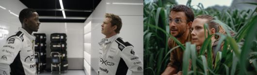 브래드 피트가 '탑건: 매버릭'의 조셉 코신스키 감독과 손잡고 F1 드라이버로 변신한 'F1 더 무비'(왼쪽 사진)와 ''쥬라기 월드' 시리즈의 새로운 3부작 첫 번째에 해당되는 '쥬라기 월드: 새로운 시작'은 오는 25일과 다음 달 2일 차례로 국내 관객들과 만난다./제공=워너브러더스 코리아·유니버설 픽쳐스