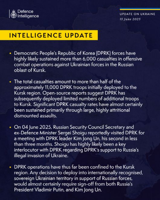 러시아 쿠르스크 지역 탈환 작전에 투입된 북한군 6000여명이 사망했거나 실종되고, 다쳤다고 영국 국방부가 15일(현지시간) 밝혔다./영국 국방부 엑스(X) 캡처